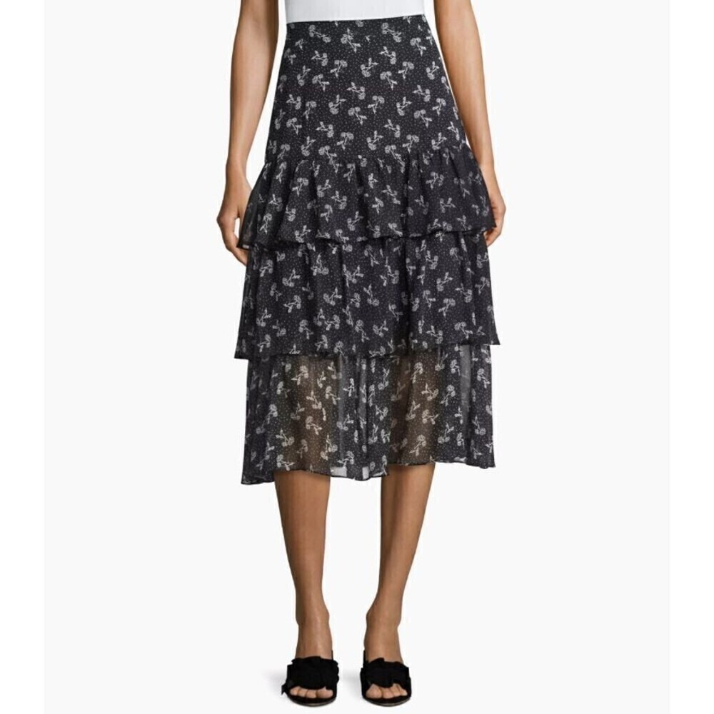 The Kooples Black Floral Tiered Ruffle Midi Skirt Size‎ 1 Whimsigoth Romantic